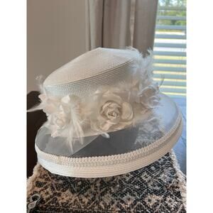 Vintage white church hat flowers and feathers Barbara Woods